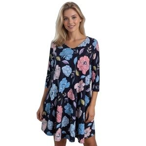 A&D Floral Swing Dress Soft Feel 3/4 Sleeves Flowy Tunic Design Size L​​​